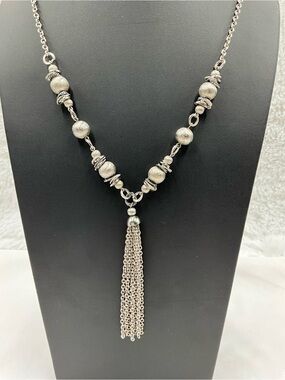Silver-Tone Tassel Pendant Textured Bead Statement Necklace - Women Jewelry